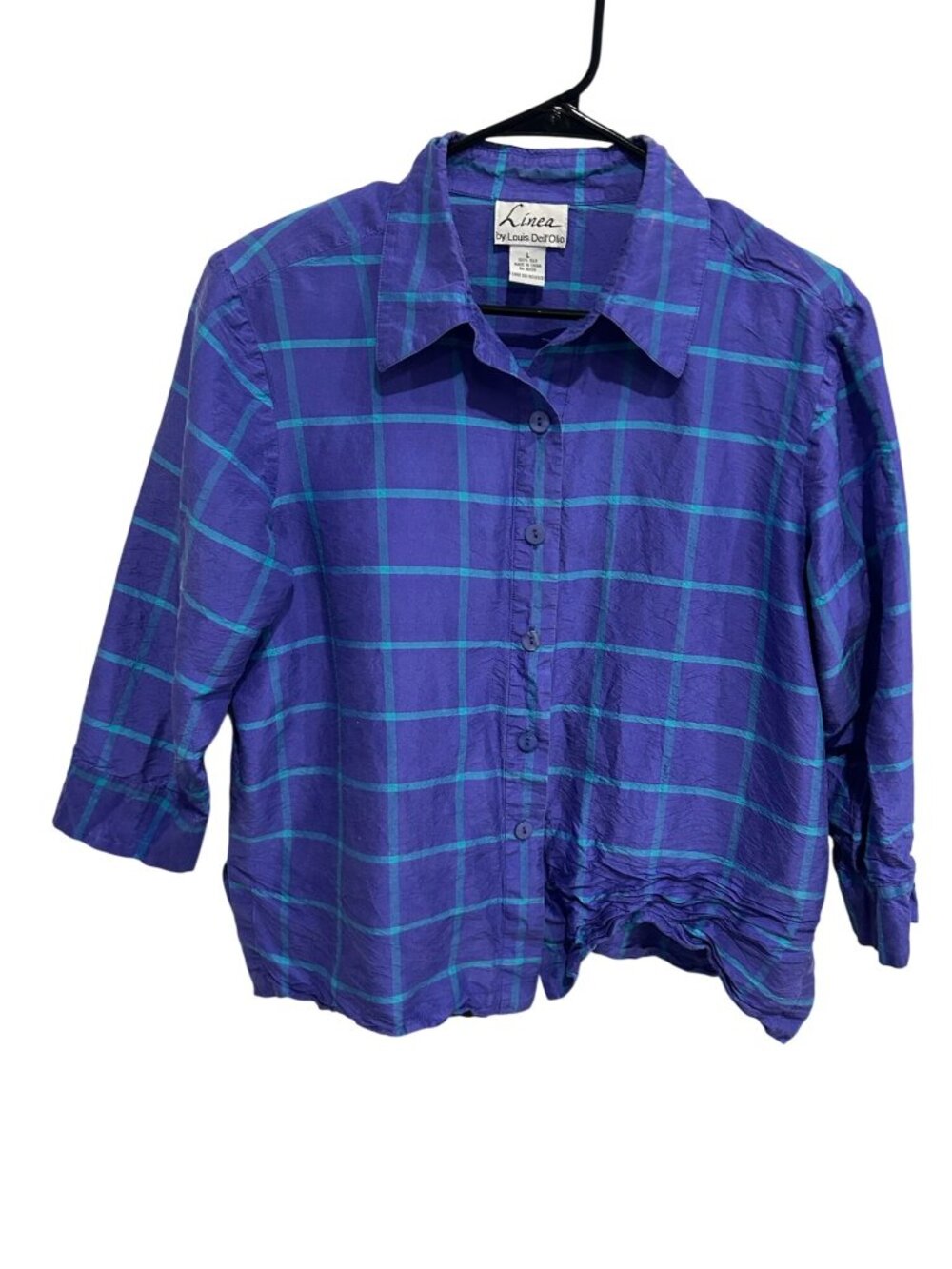 Linea By Louis DellOlio Large Purple Teal Plaid Silk Button Down Shirt Boho